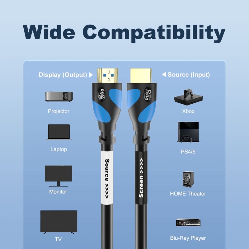 Postta HDMI Cable 100 Feet 4K HDMI2.0 Cable with Built-in Signal Booster Support 4K(2160P),3D,1080P,Ethernet,Audio Return(ARC)-(Black-Pale Blue) - Image 2